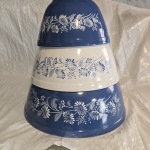 Vintage Blue and White Floral Mixing Bowls
